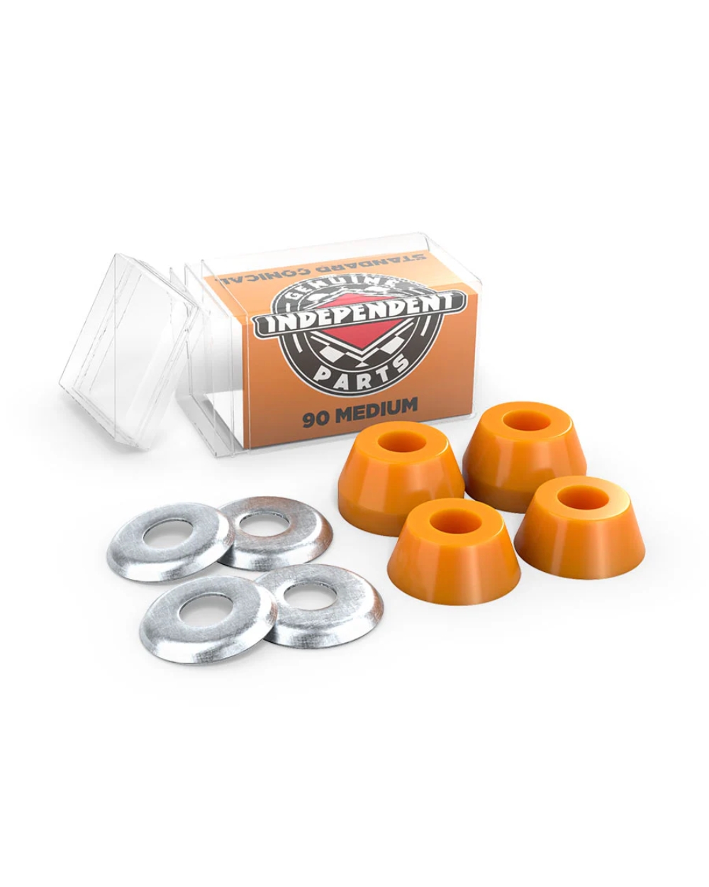 Independent 90A orange conical skateboard bushings for smooth lean and stable turning