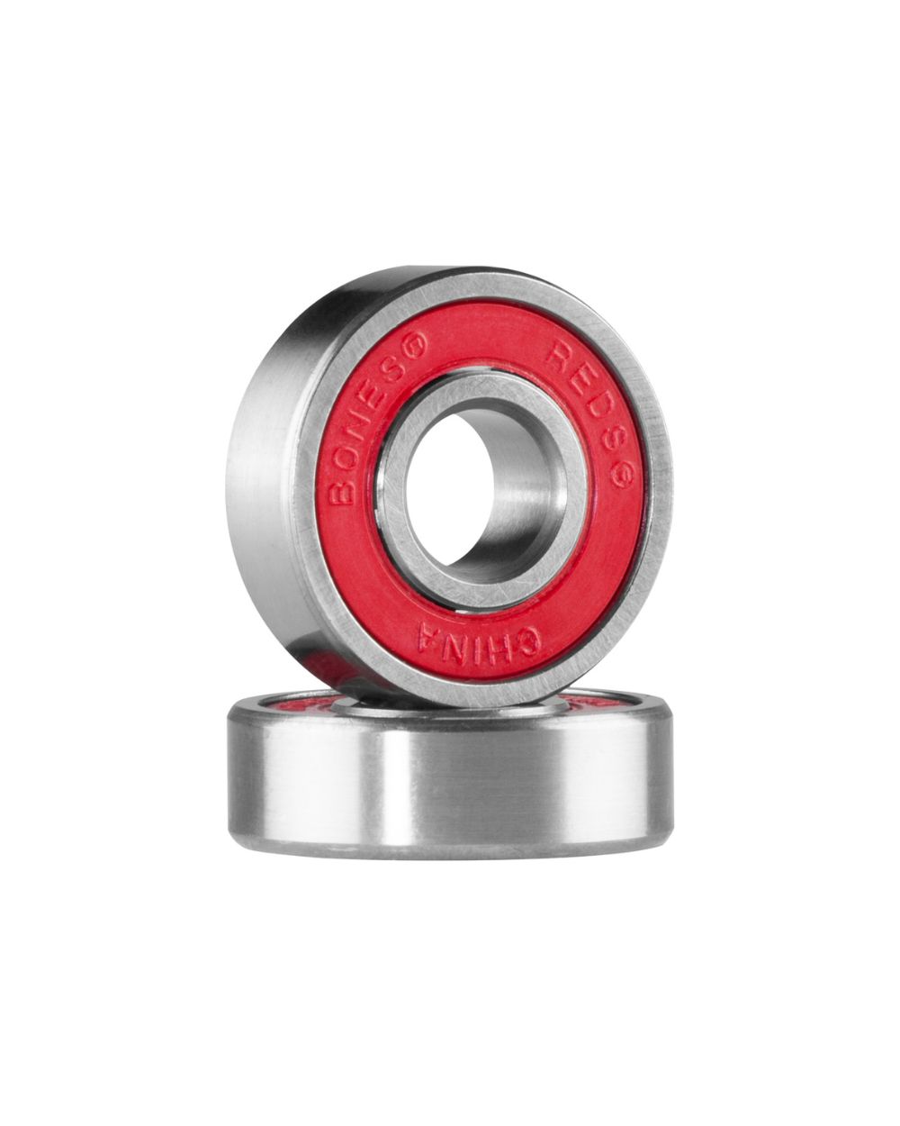 Close-up of Bones Reds Skateboard Bearings 8 Pack showing high-performance red-shielded bearings, perfect for smooth and fast skateboard rides.