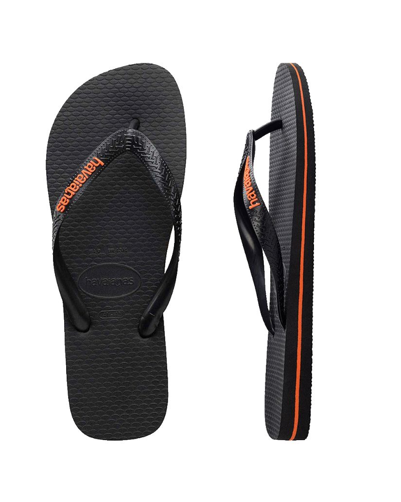 Havaianas black and orange neon thongs top and side view showing logo and sole
