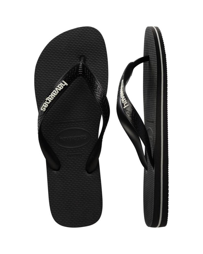 Havaianas black and glacial white thongs top and side view showing logo and sole