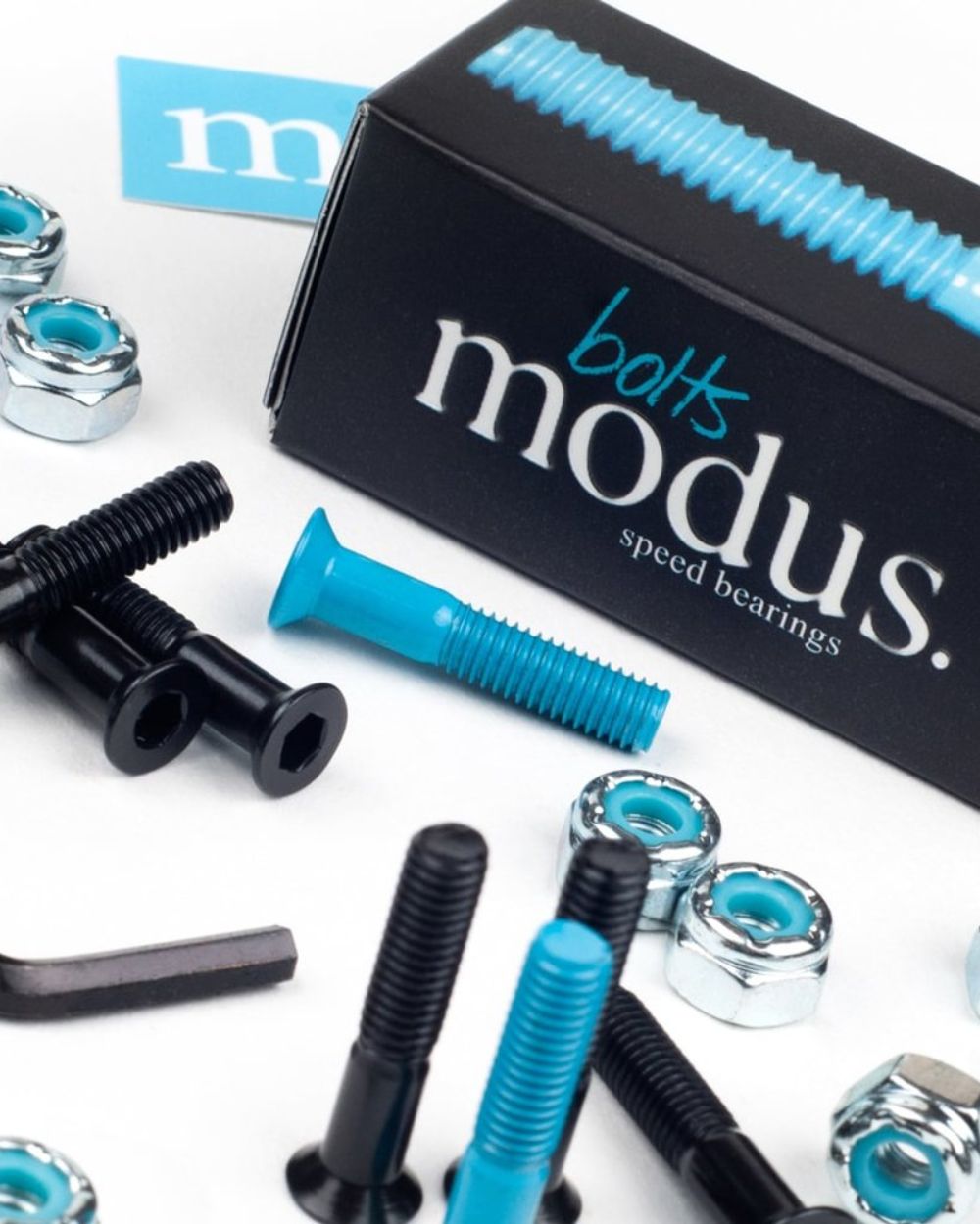 Modus Allen Bolts skateboard hardware set packet scattered – durable Allen head bolts and lock nuts for skateboard decks and trucks, from Richmond Surf & Skate.