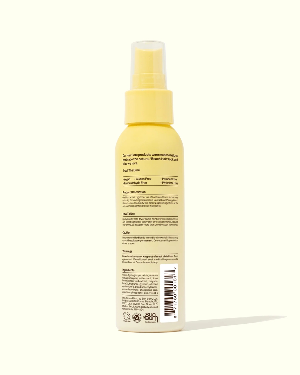“Sun Bum Blonde Hair Lightener 118mL back label with ingredients and instructions”
