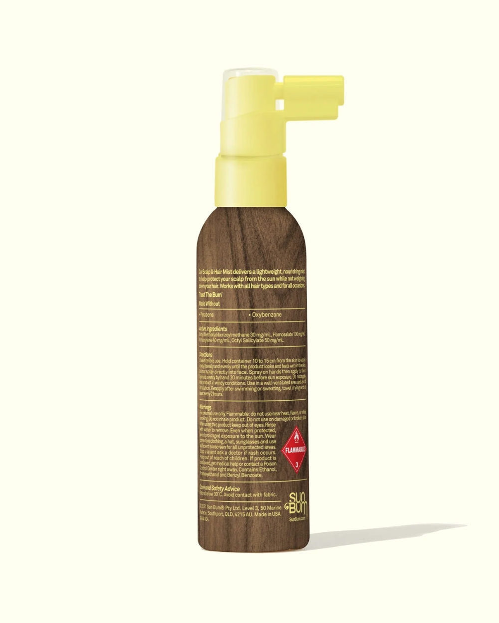 Back view of Sun Bum Scalp & Hair Mist SPF 30+ 59mL bottle with ingredients and directions