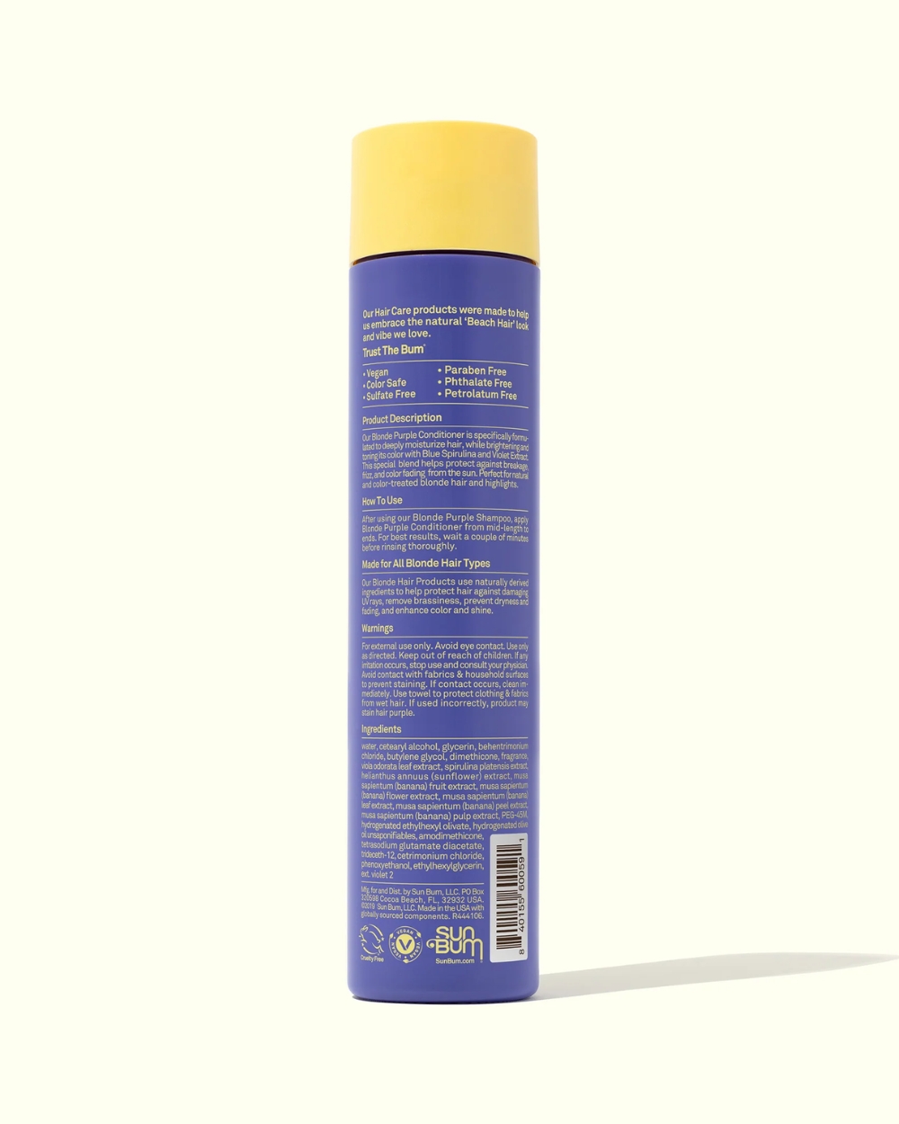 Back view of Sun Bum Blonde Purple Conditioner 295mL bottle with ingredients and directions