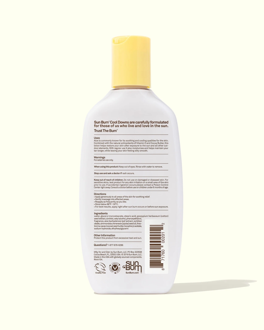“Sun Bum After Sun Cool Down Lotion 237mL back label with ingredients and directions”
