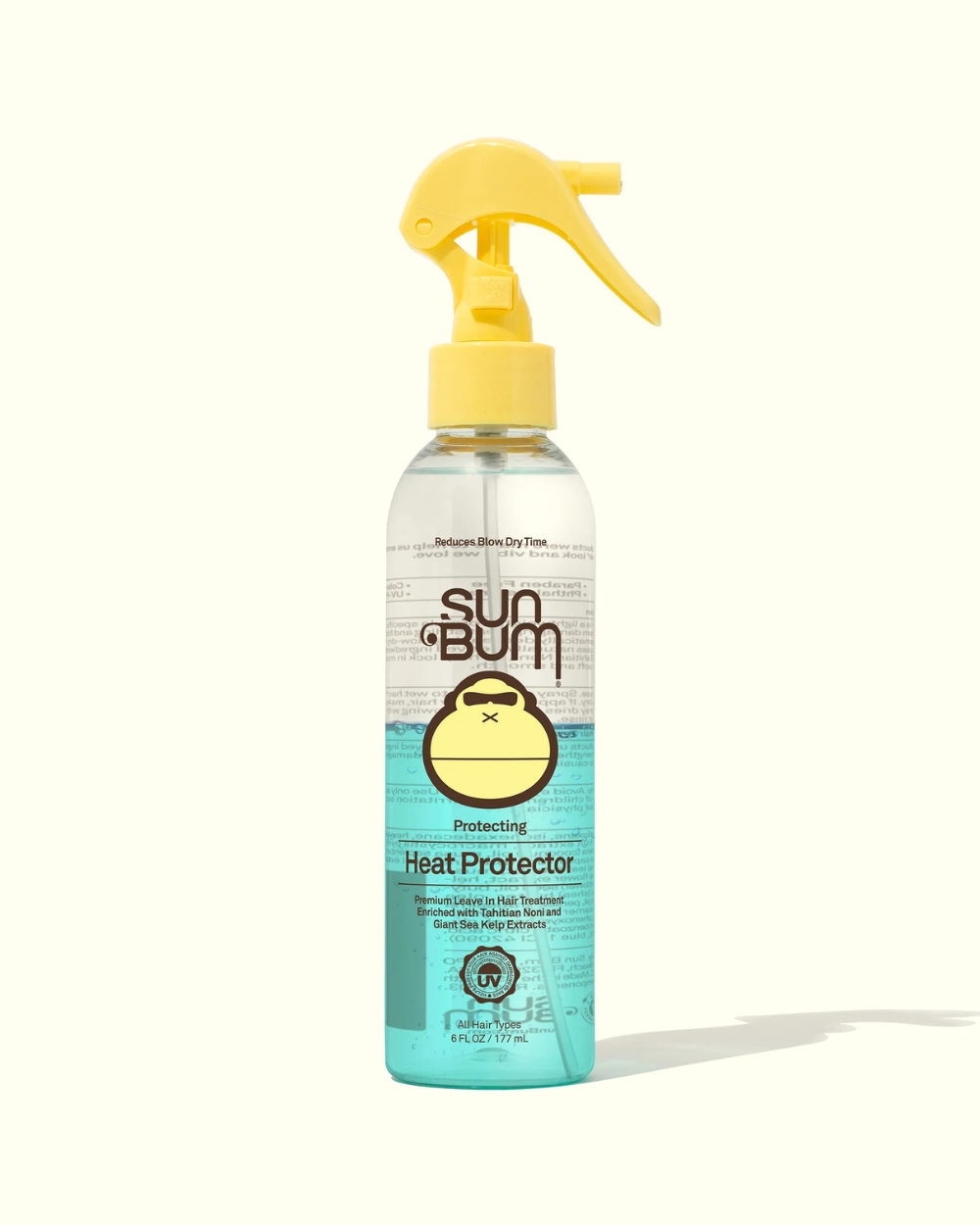 Front view of Sun Bum Heat Protector 177mL bottle with yellow branding