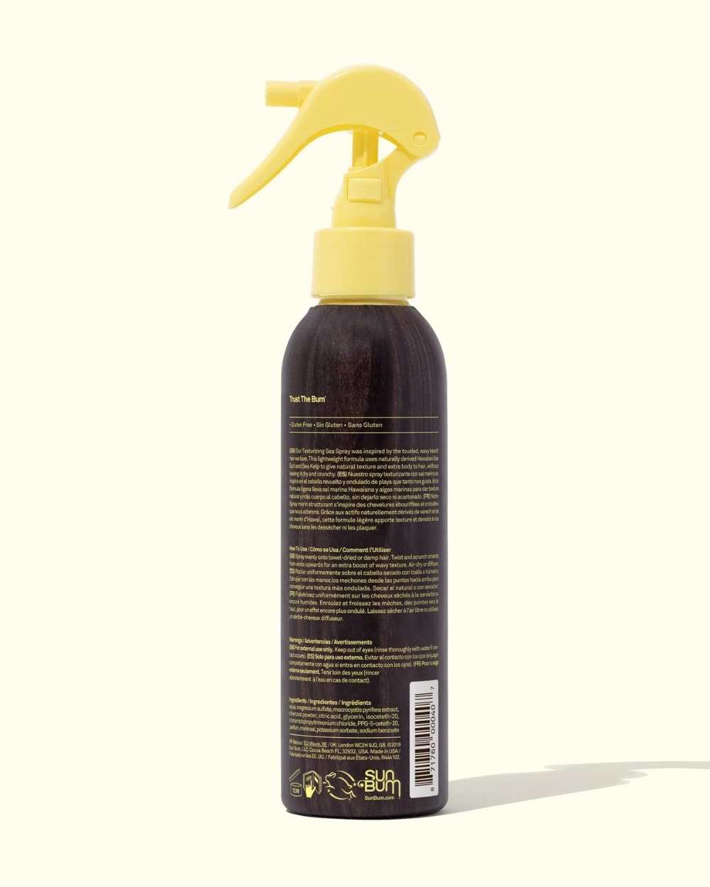 Back view of Sun Bum Sea Salt Spray 177ml bottle with ingredients and usage instructions