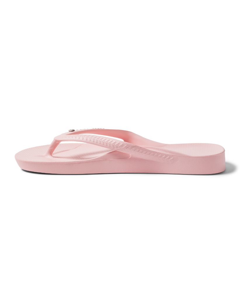 Side view of Archies Crystal Pink thongs showing arch support