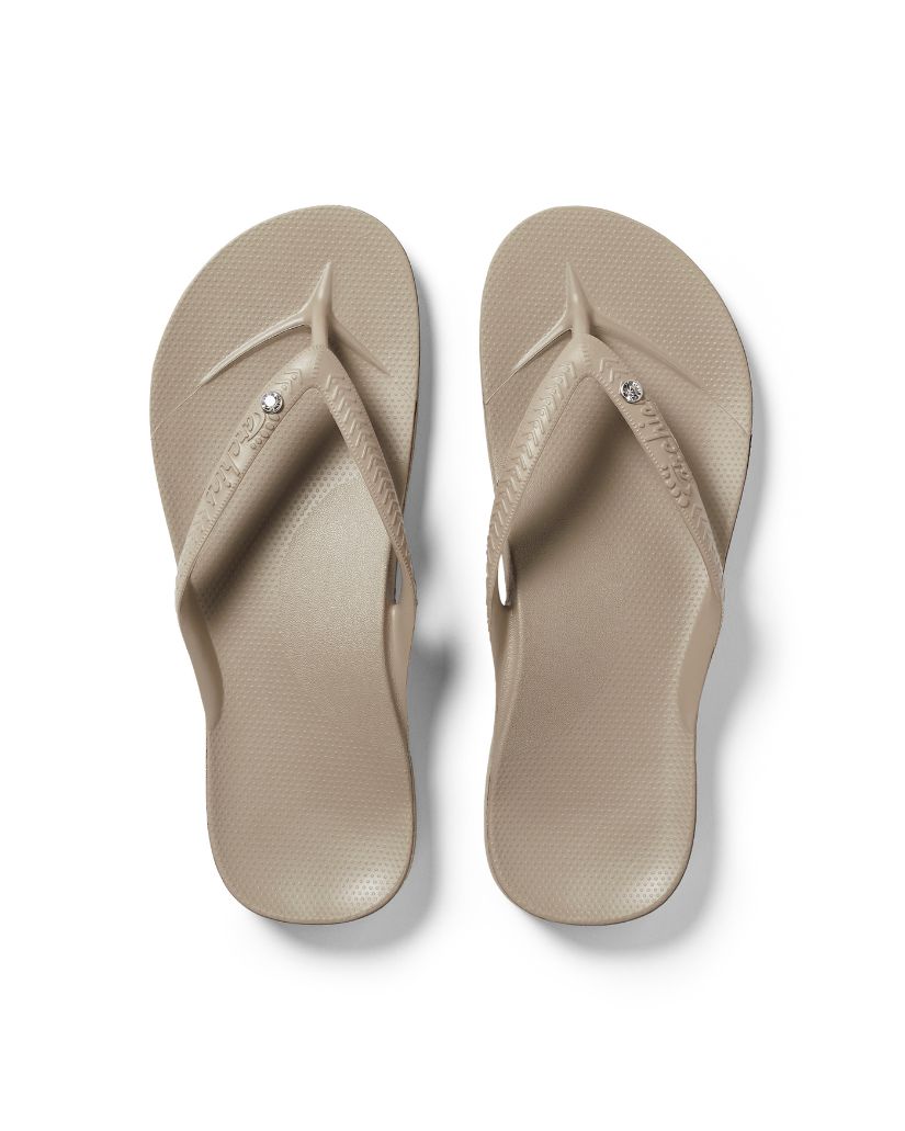 Archies Arch Support Thongs Crystal Taupe showing crystal strap detail